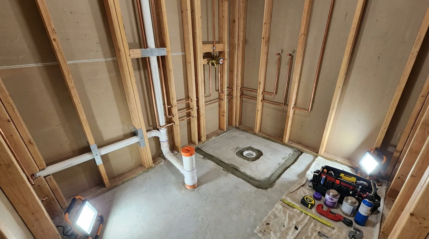 Bathroom rough-in plumbing during remodel by Johns Plumbing LLC in Brownsville