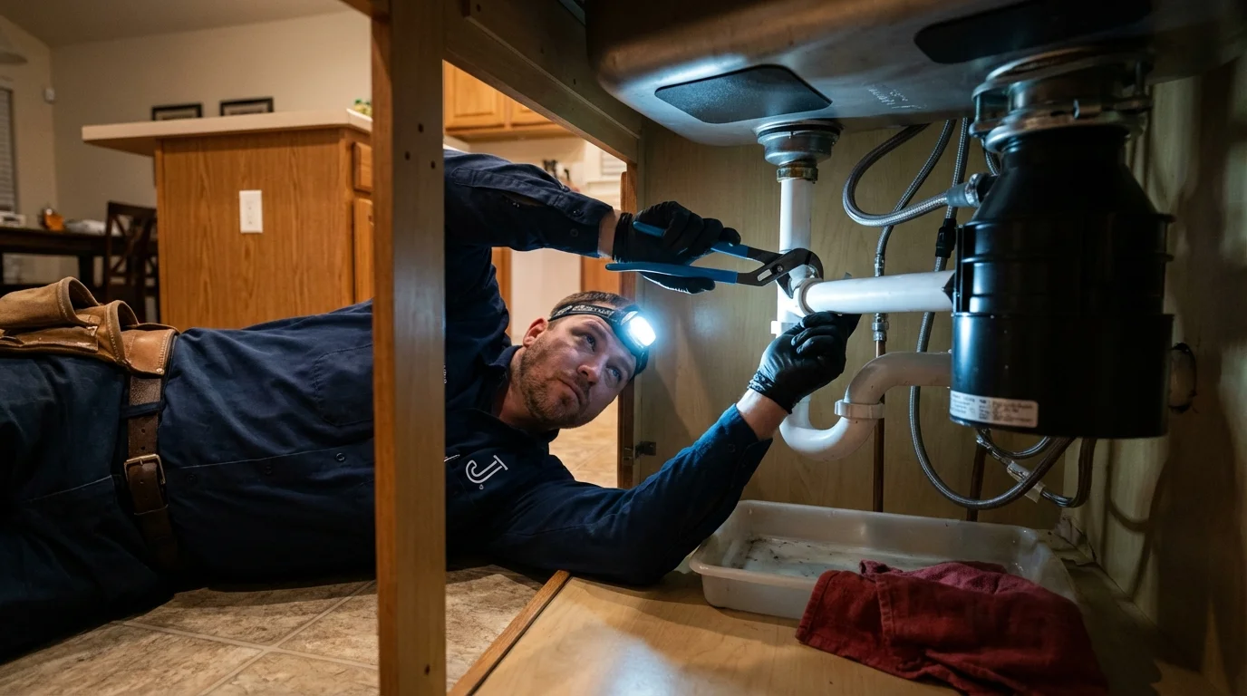 P-trap and supply line connections under a kitchen sink showing a common leak point in Brownsville, KY